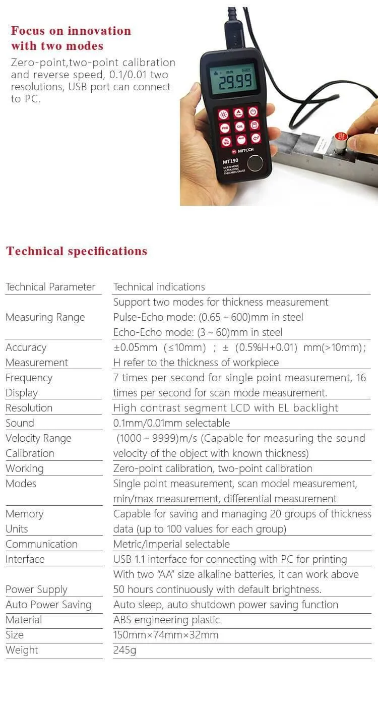 ضخامت سنج فلز آلتراسونیک MITECH MT190
